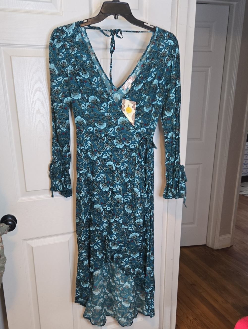 Band Of The Free Floral Teal Wrap Maxi Dress with Tie Waist -